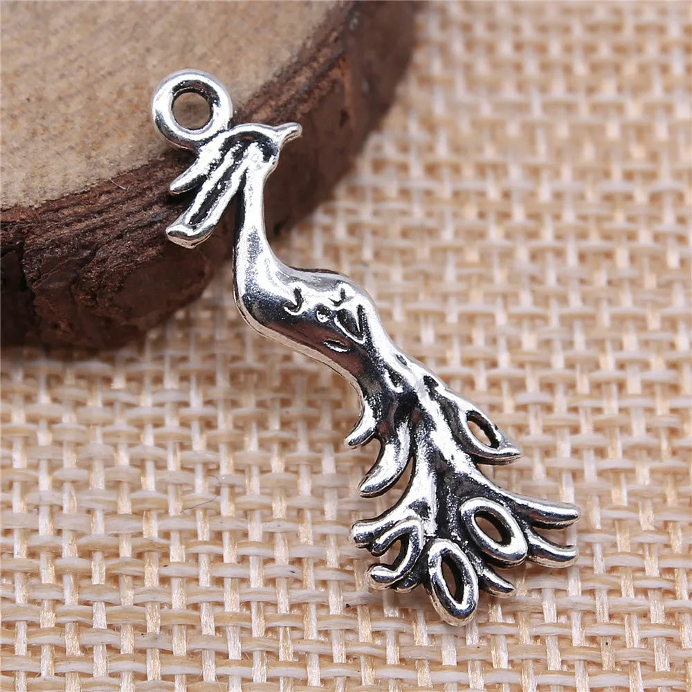 31x11mm 1.6g Antique Silver Zinc Alloy Peacock Phoenix Bird Charm Pendant for DIY Jewelry Making