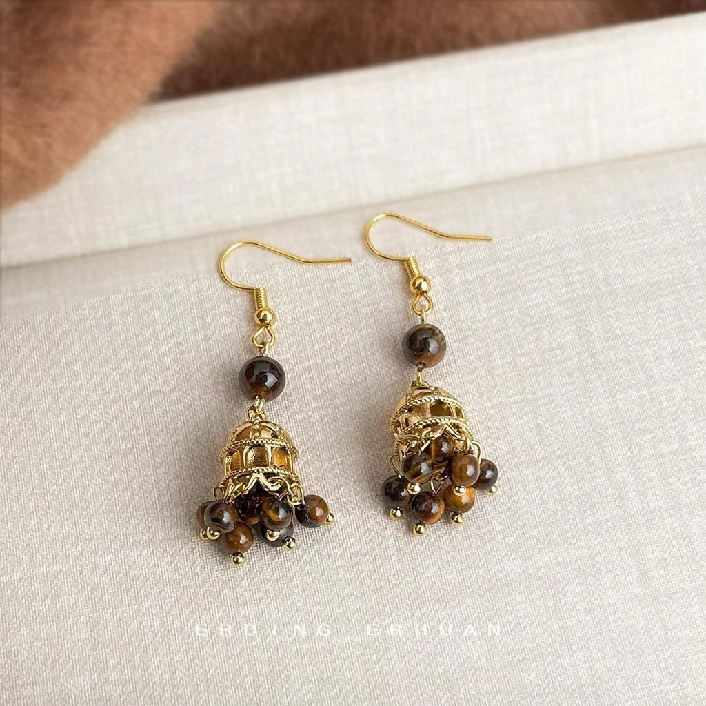 Vintage Handmade Copper Tiger Eye Birdcage Drop Earrings Maillard Geometric Designer Jewelry