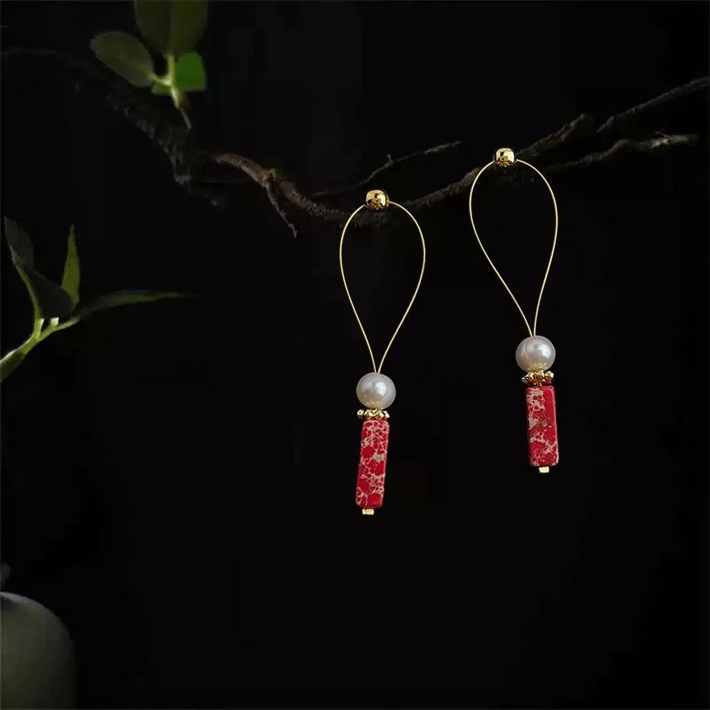 Designer Ethnic Geometric Line Drop Earrings With Natural Freshwater Pearls And Synthetic Red Turquoise