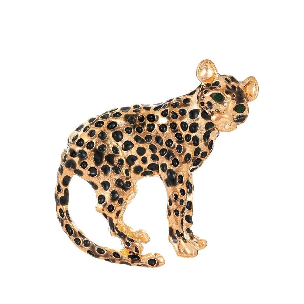 Vintage Gold Plated Alloy Leopard Brooch With Green Eyes, Enamel Animal Lapel Pin Suit Accessory Gift