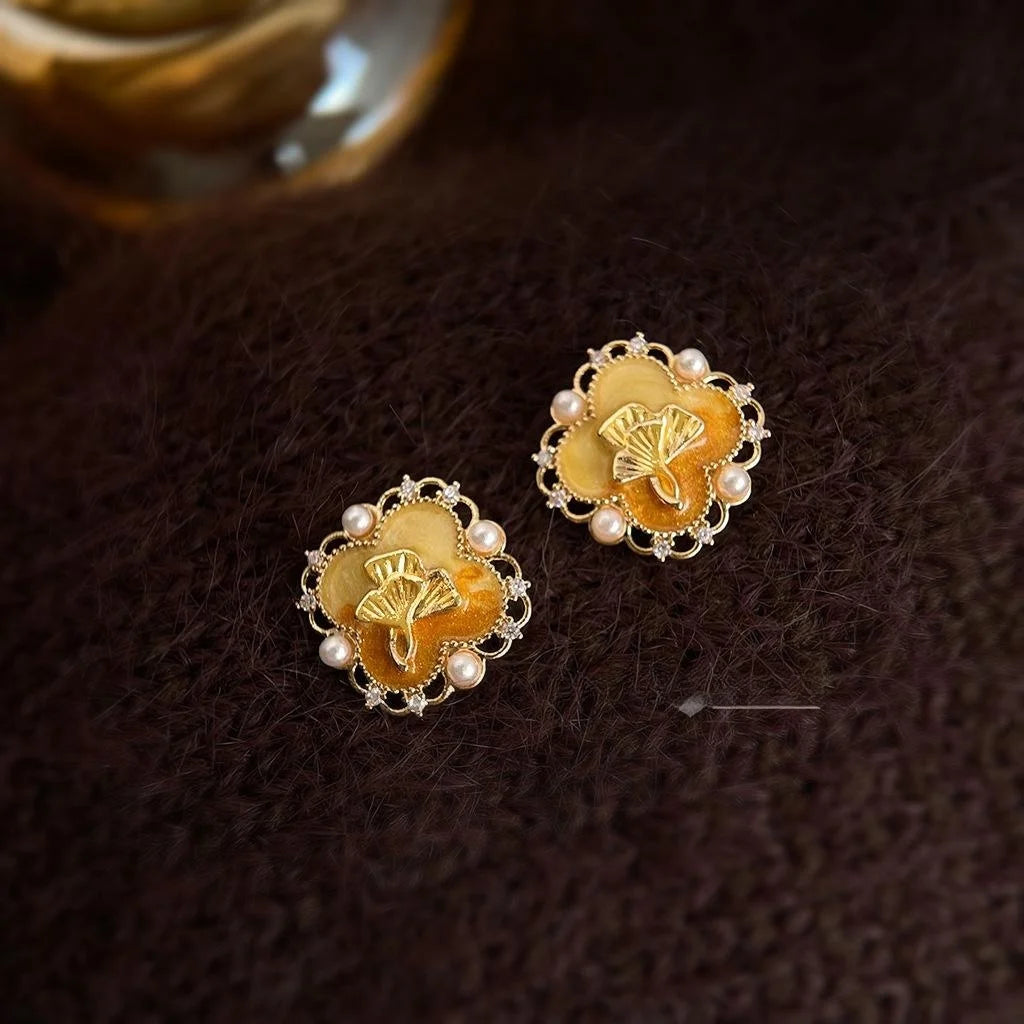 Warm Yellow Enamel Ginkgo Leaf Stud Earrings Copper Retro Maillard Floral Jewelry