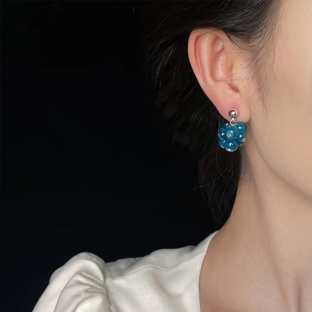 Sweet Korean Style Blue Glass Crystal Grape Cluster Tassel Handmade Woven Drop Earrings