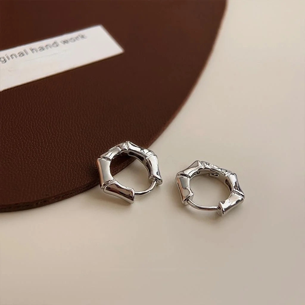 New Chinese Style Bamboo Joint Copper Stud Earrings Minimalist Smooth Hoop Commuter Jewelry