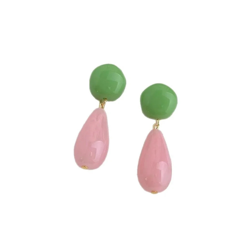 New Chinese Style Resin Teardrop Drop Earrings Pink Green Contrast Vintage Statement Jewelry