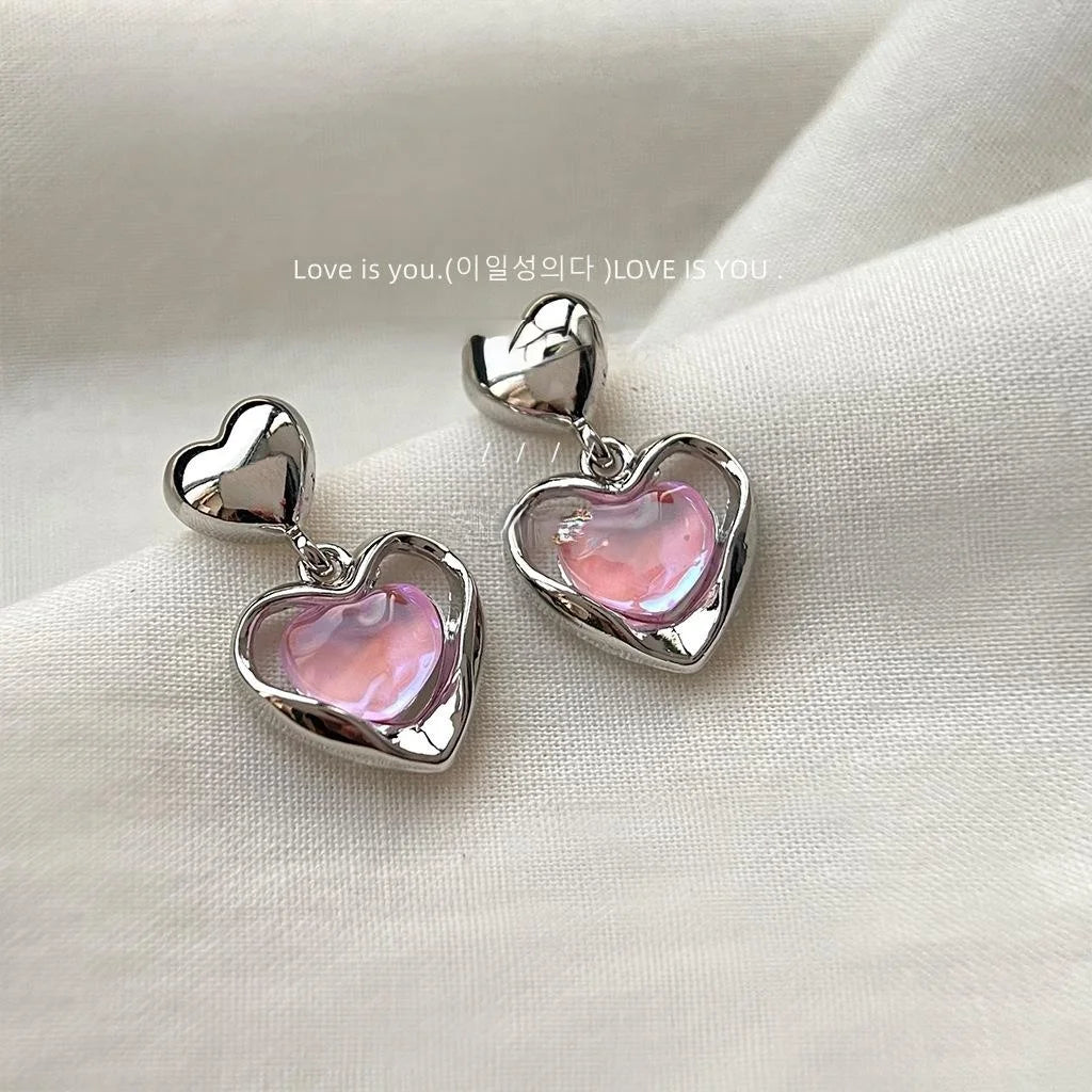 Sweet Cool Iridescent Heart Copper Drop Earrings For Women Niche Designer Jewelry