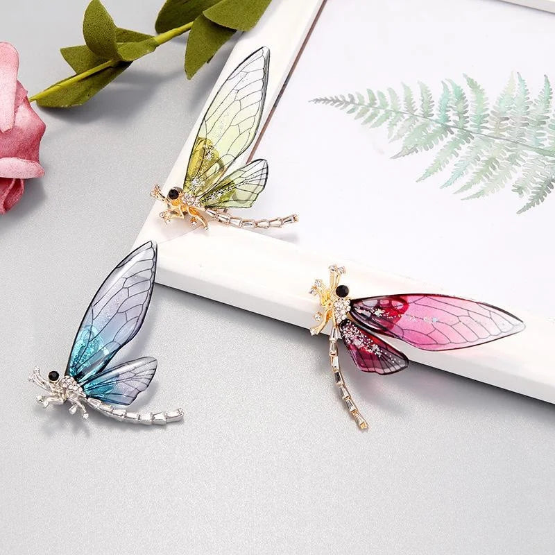 Elegant Colorful Dragonfly Rhinestone Brooch With Translucent Wings, Luxury Lapel Pin Suit Accessory Gift