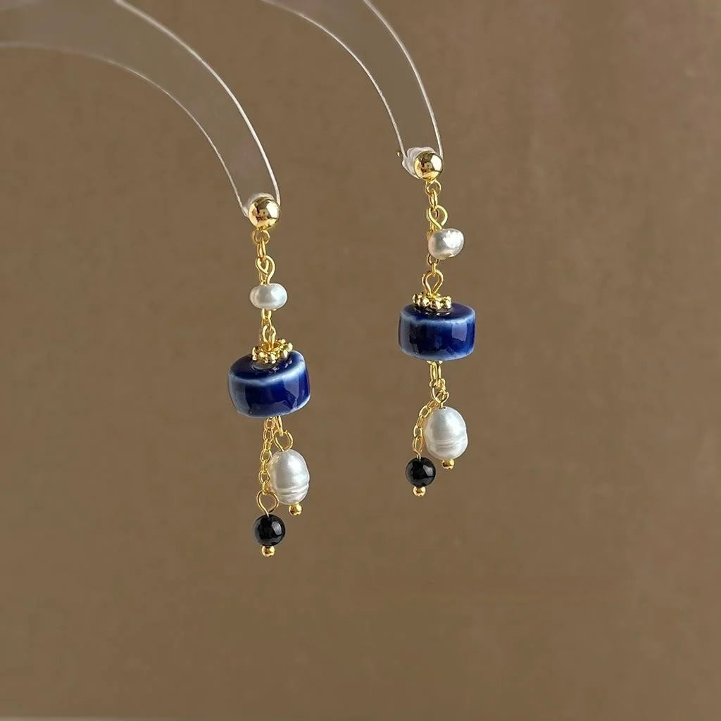 Handmade Freshwater Pearl Ceramic Drop Earrings Vintage Ethnic Geometric Tassel Jewelry