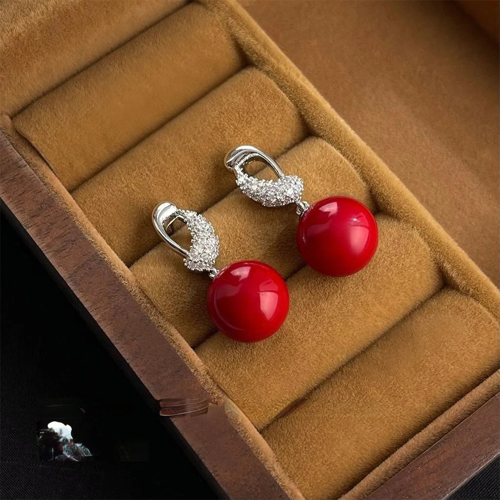 Vintage Red Glass Pearl Zircon Micro Pave Copper Drop Earrings With Silver Plated Posts