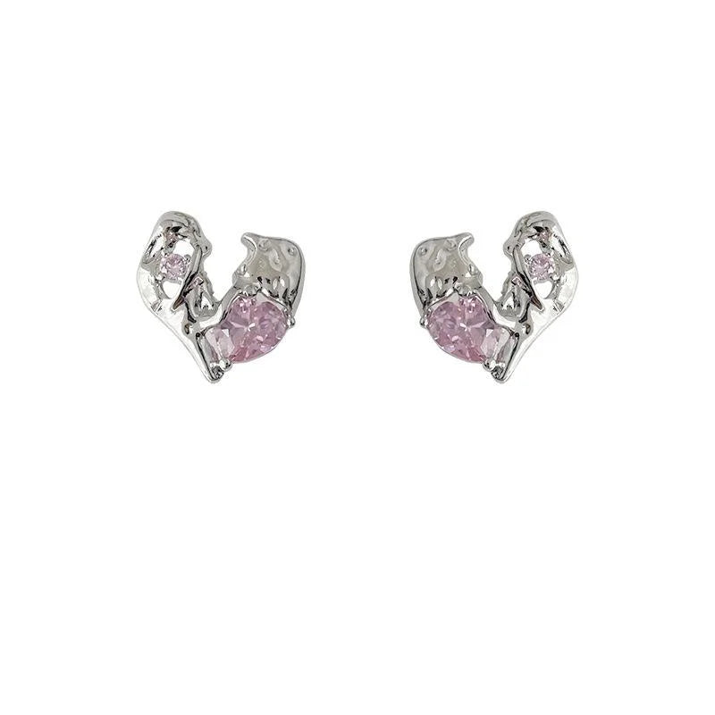 Sweet Cool Liquid Heart Micro Pave Zircon Copper Stud Earrings
