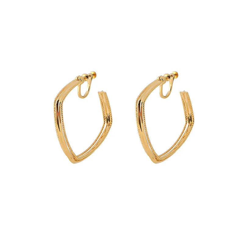 Elegant Gold Alloy Multi Layer Square Hoop Stud & Clip On No Piercing Geometric Hong Kong Style Earrings