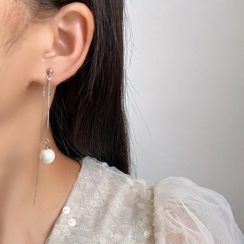 Elegant Long Pearl Threader Tassel Chain Stud & Clip On No Piercing Face Slimming Drop Earrings