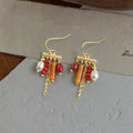 Bohemian Ethnic Handmade Copper Drop Earrings with Zircon Tassel, Freshwater Pearl and Natural Stone