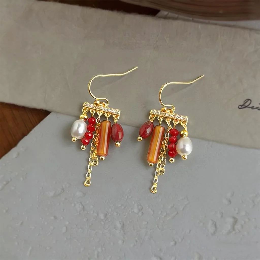 Bohemian Ethnic Handmade Copper Drop Earrings with Zircon Tassel, Freshwater Pearl and Natural Stone