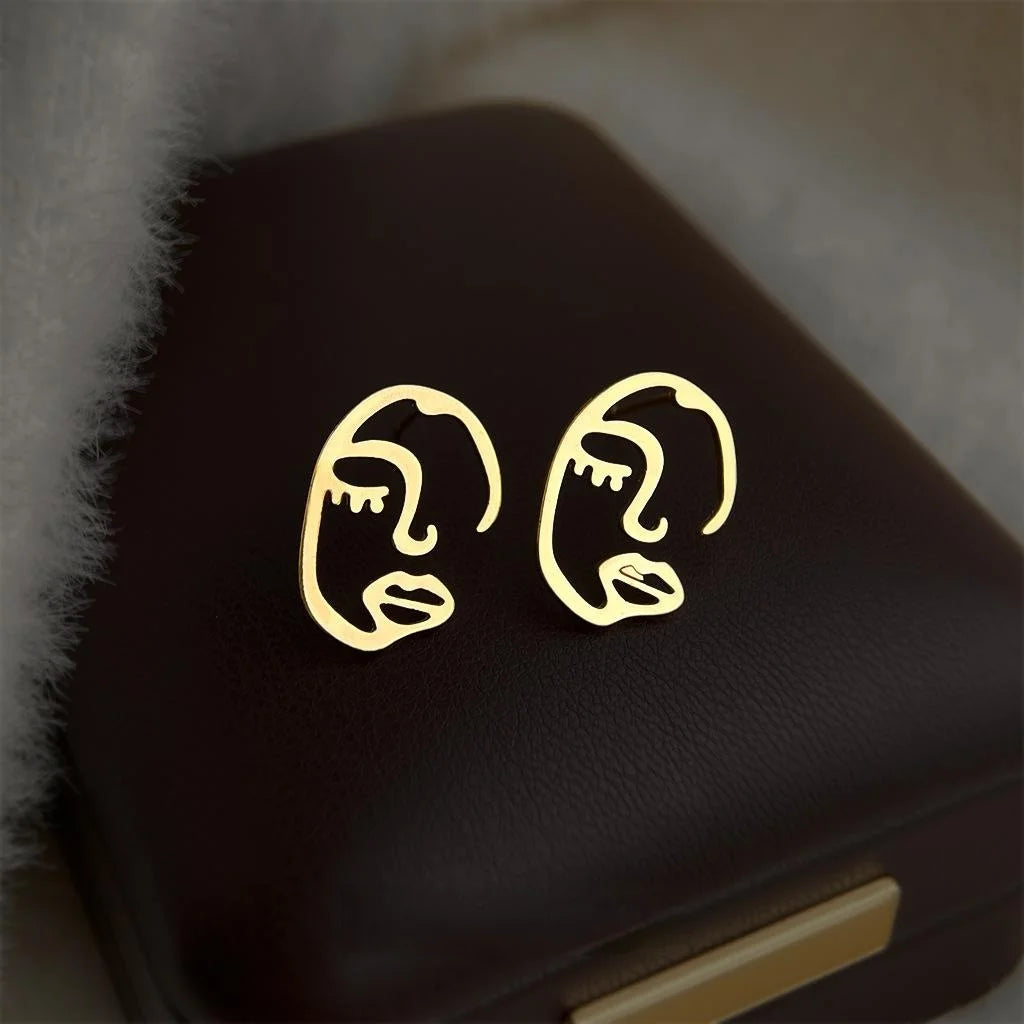 Gold Plated Copper Geometric Face Hollow Stud Earrings Korean Style Art Jewelry