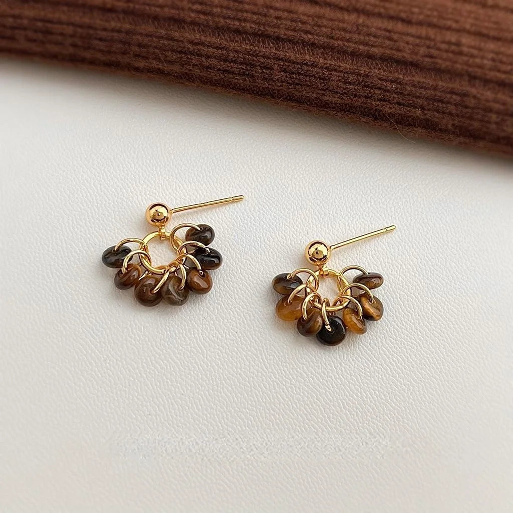 Maillard Style Natural Tiger Eye Stone Copper Tassel Drop Earrings