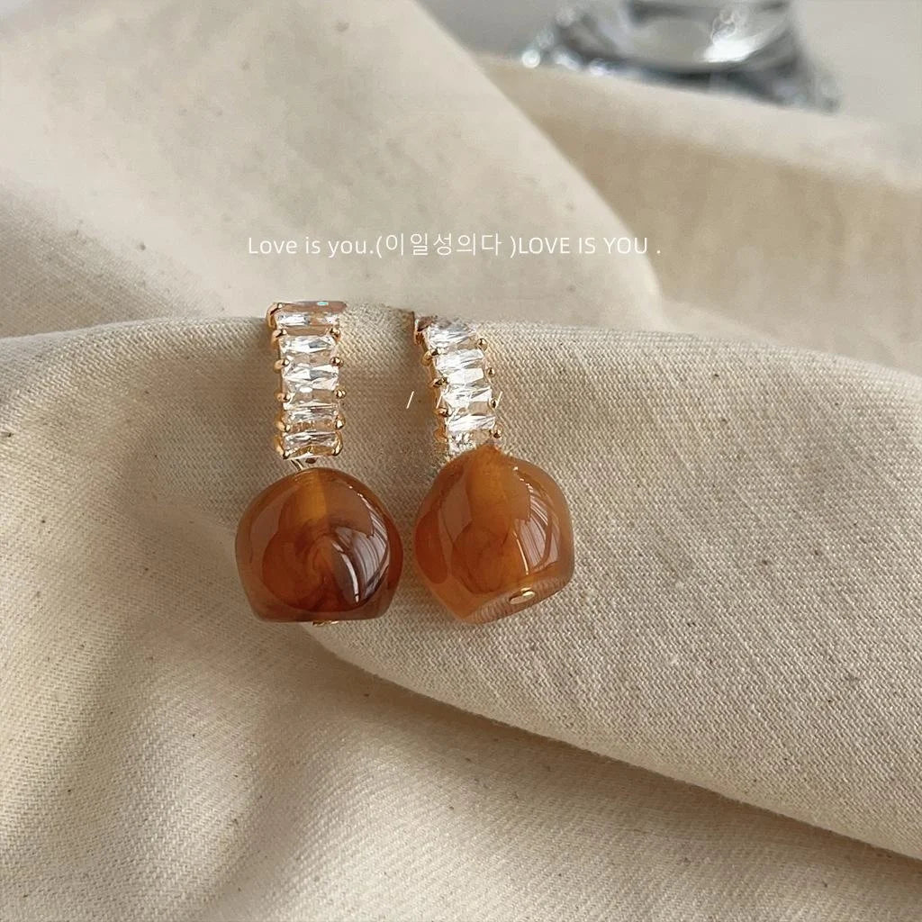 French Vintage Amber Zircon Tassel Drop Earrings 14K Plated Geometric Fashion Jewelry