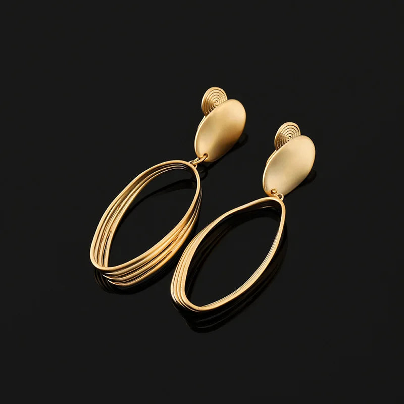 Elegant Matte Gold Alloy Oval Spiral Hoop Drop Stud & Clip On No Piercing Statement Earrings
