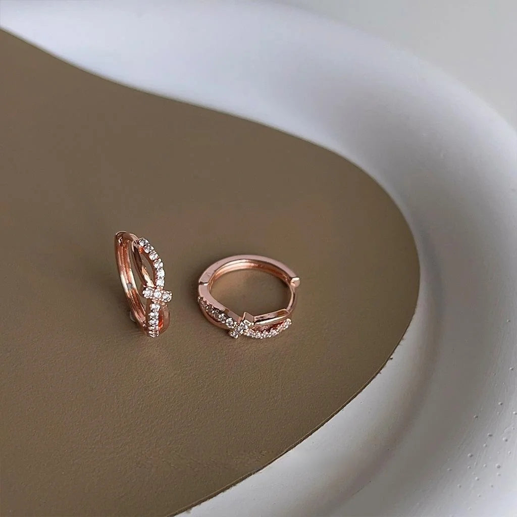 Rose Gold Plated Copper Knot Drop Earrings With Micro Pave Zircon, Geometric Round Minimalist Jewelry