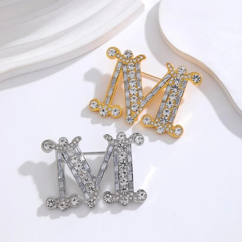 Luxury M Letter Rhinestone Alloy Brooch Elegant Gold Tone Zircon Lapel Pin Corsage For Women Suit Gift