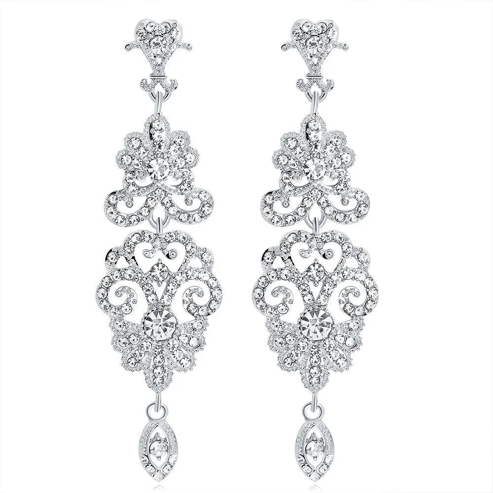 Luxury Silver Tone Rhinestone Filigree Teardrop Chandelier Earrings For Wedding Party Banquet Gift