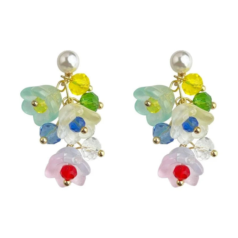 Sweet Lily Of The Valley Handmade Glass Crystal Pearl Floral Drop Earrings For Women