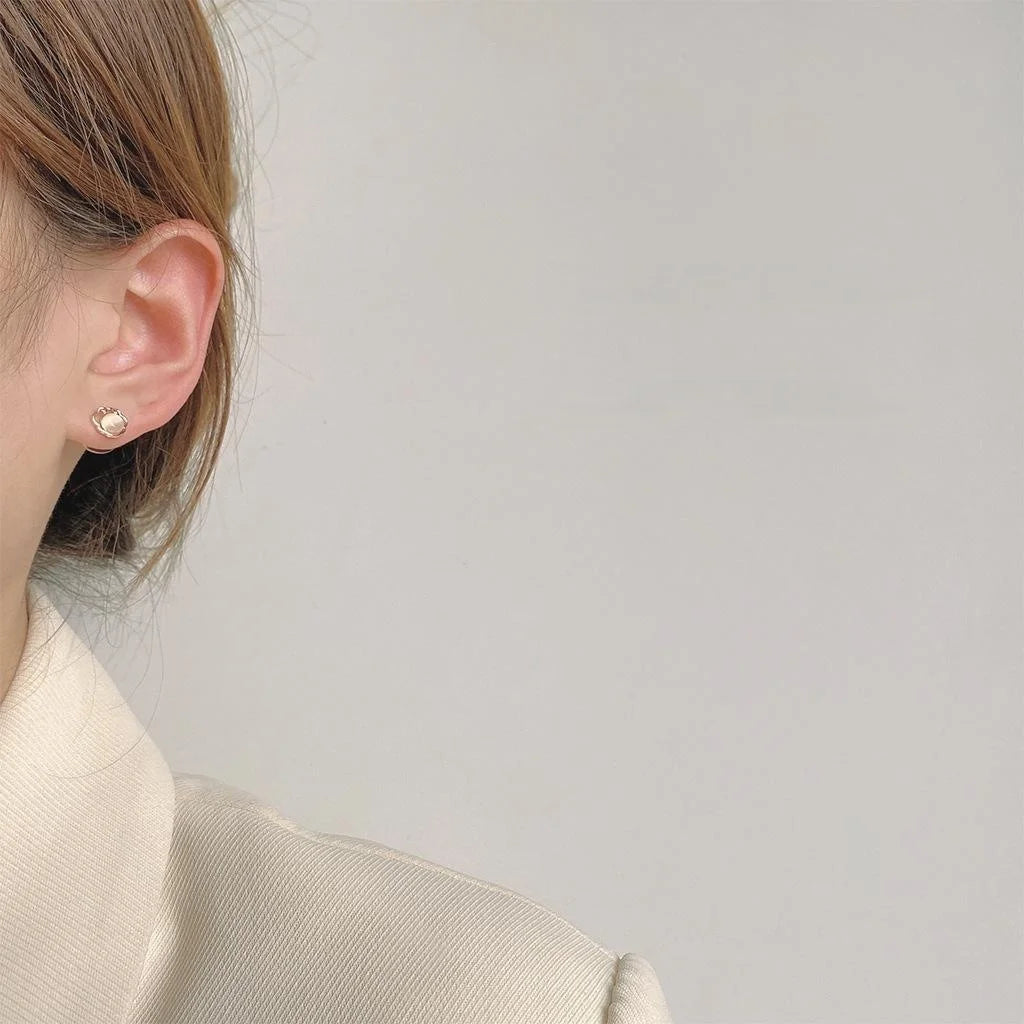 Chinese Style Mini Rose Gold Copper Ruyi Longevity Lock Glass Cat Eye Stone Stud Earrings