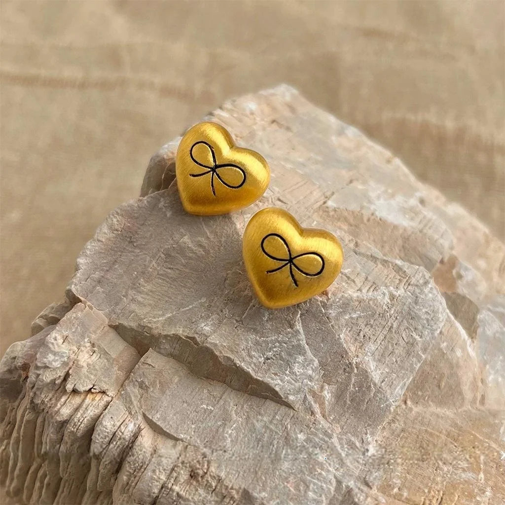 French Vintage Matte Brushed Copper Heart Bow Stud Earrings