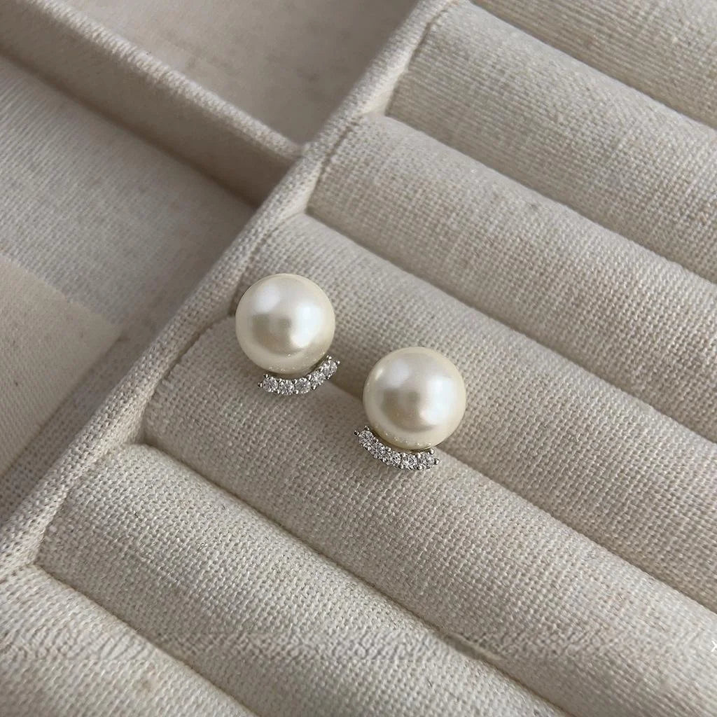 Elegant Glass Pearl Stud Earrings With Micro Pave Zircon Geometric Ball Minimalist Design