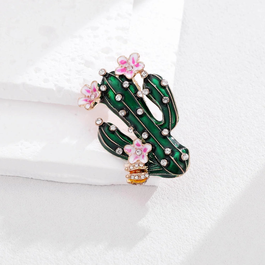 Elegant Enamel Cactus Alloy Rhinestone Brooch With Pink Flowers, Women's Lapel Pin Sweater Suit Gift
