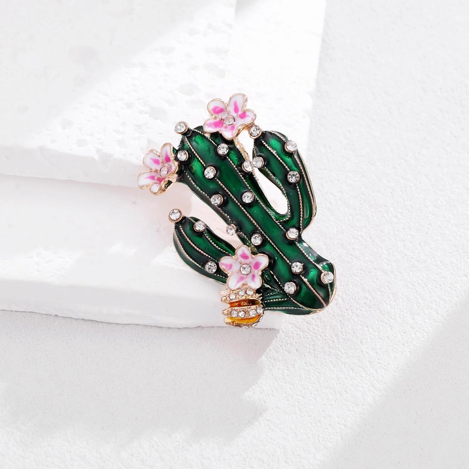 Elegant Enamel Cactus Alloy Rhinestone Brooch With Pink Flowers, Women's Lapel Pin Sweater Suit Gift
