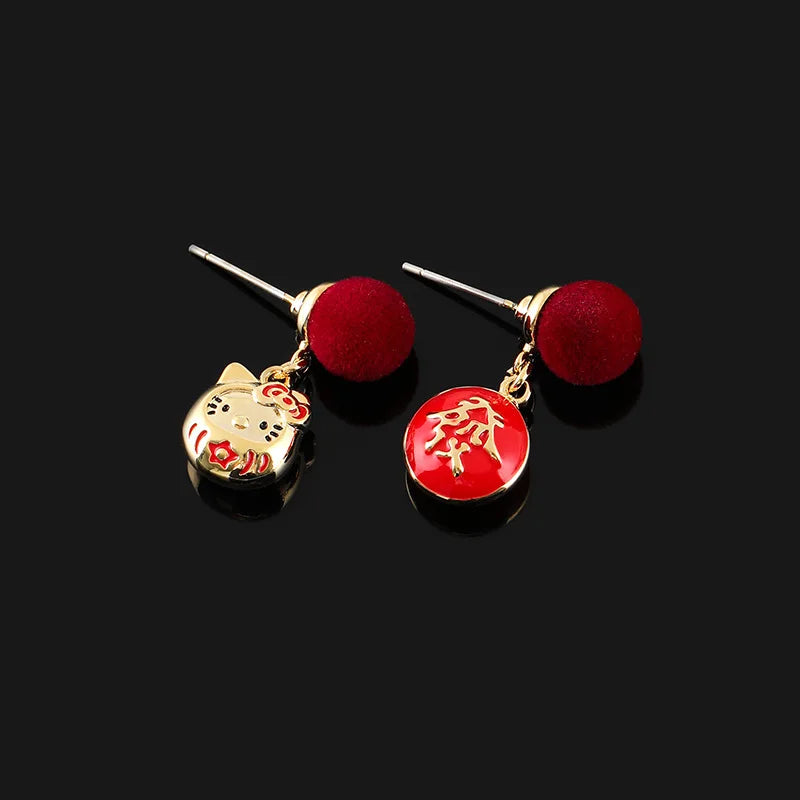 Elegant Chinese New Year Red Velvet Ball Fortune Cat Enamel Alloy Stud & Clip On No Piercing Dangle Earrings