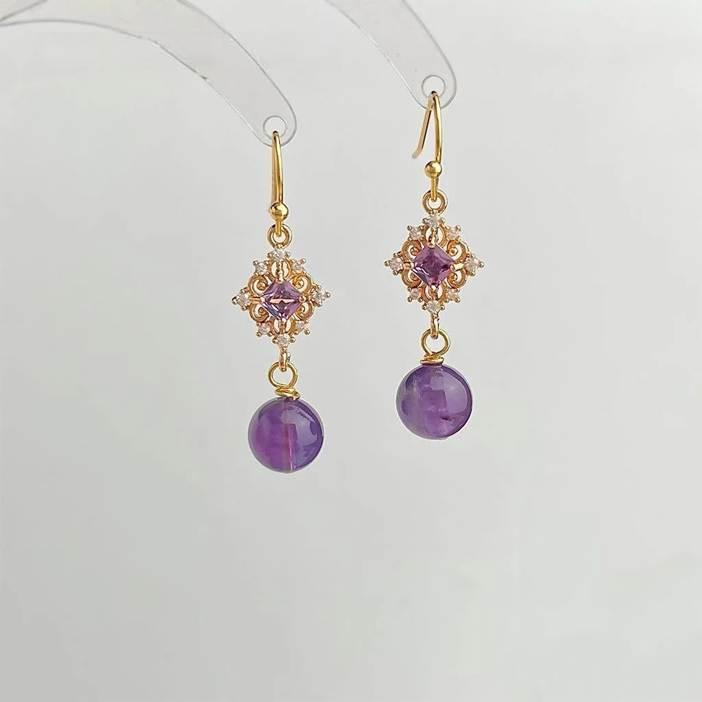 Handmade Copper Lavender Amethyst Zircon Floral Geometric Tassel Drop Earrings Court Style