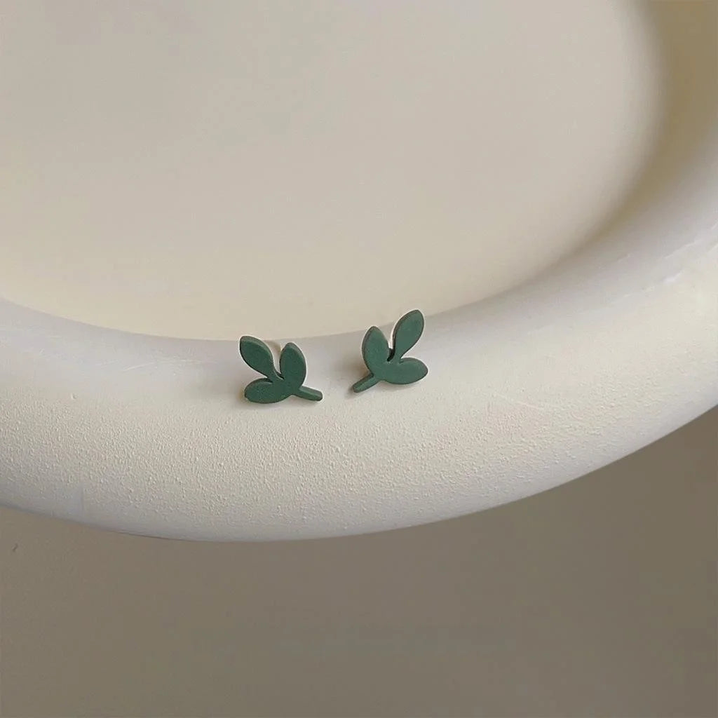 Green Mini Leaf Stud Earrings Metal Enamel Forest Style Cute Spring Summer Jewelry