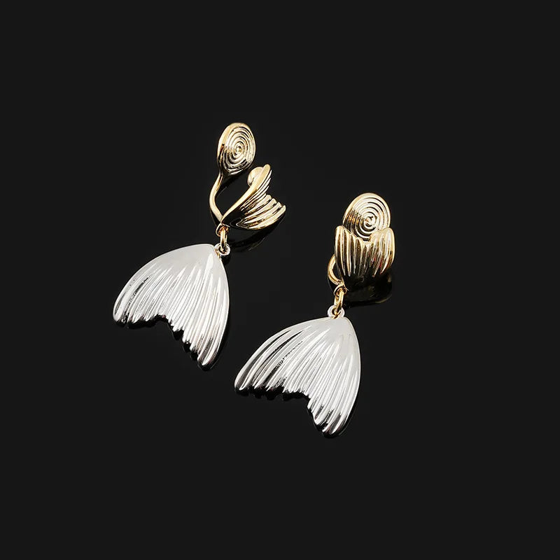 Elegant Two Tone Alloy Spiral Fish Tail Drop Stud & Clip On No Piercing Minimalist Statement Earrings