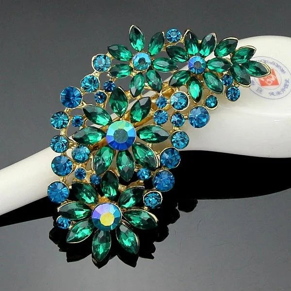 Elegant Crystal Rhinestone Floral Feather Brooch With Marquise Stones, Women's Lapel Pin Corsage Gift