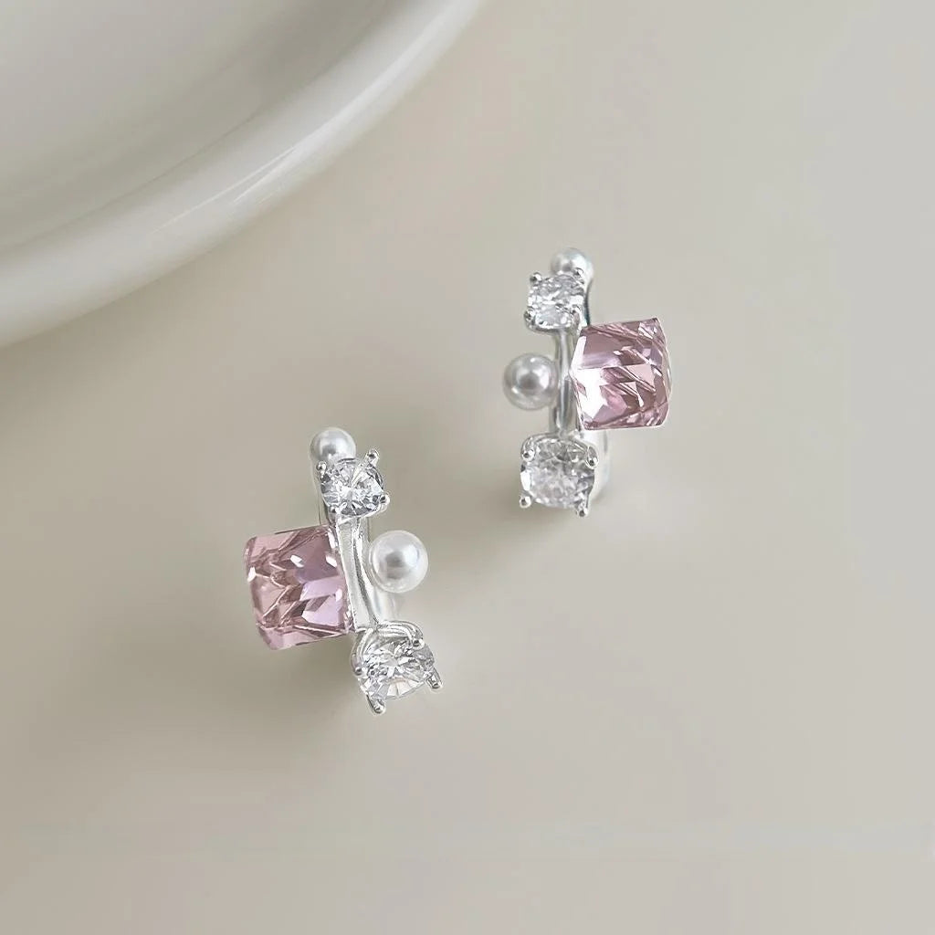 Pink Glass Crystal Sugar Cube Geometric Stud Earrings Copper Sweet Cool Style