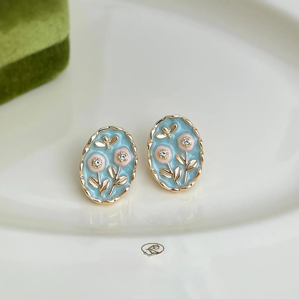 Forest Style Enamel Glaze Flower Stud Earrings Silver Plated Copper Alloy French Elegant Jewelry