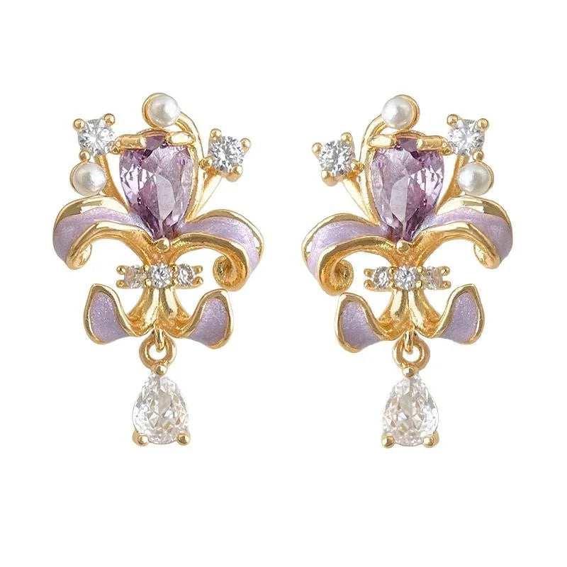 Enamel Painted Iris Flower Zircon Copper Stud Earrings, Forest Style
