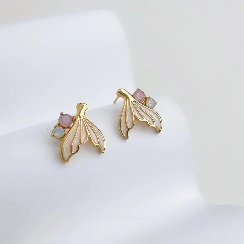 Sweet Fishtail Enamel Copper Stud Earrings With Colorful Rhinestones, Minimal Chic Commuter Jewelry
