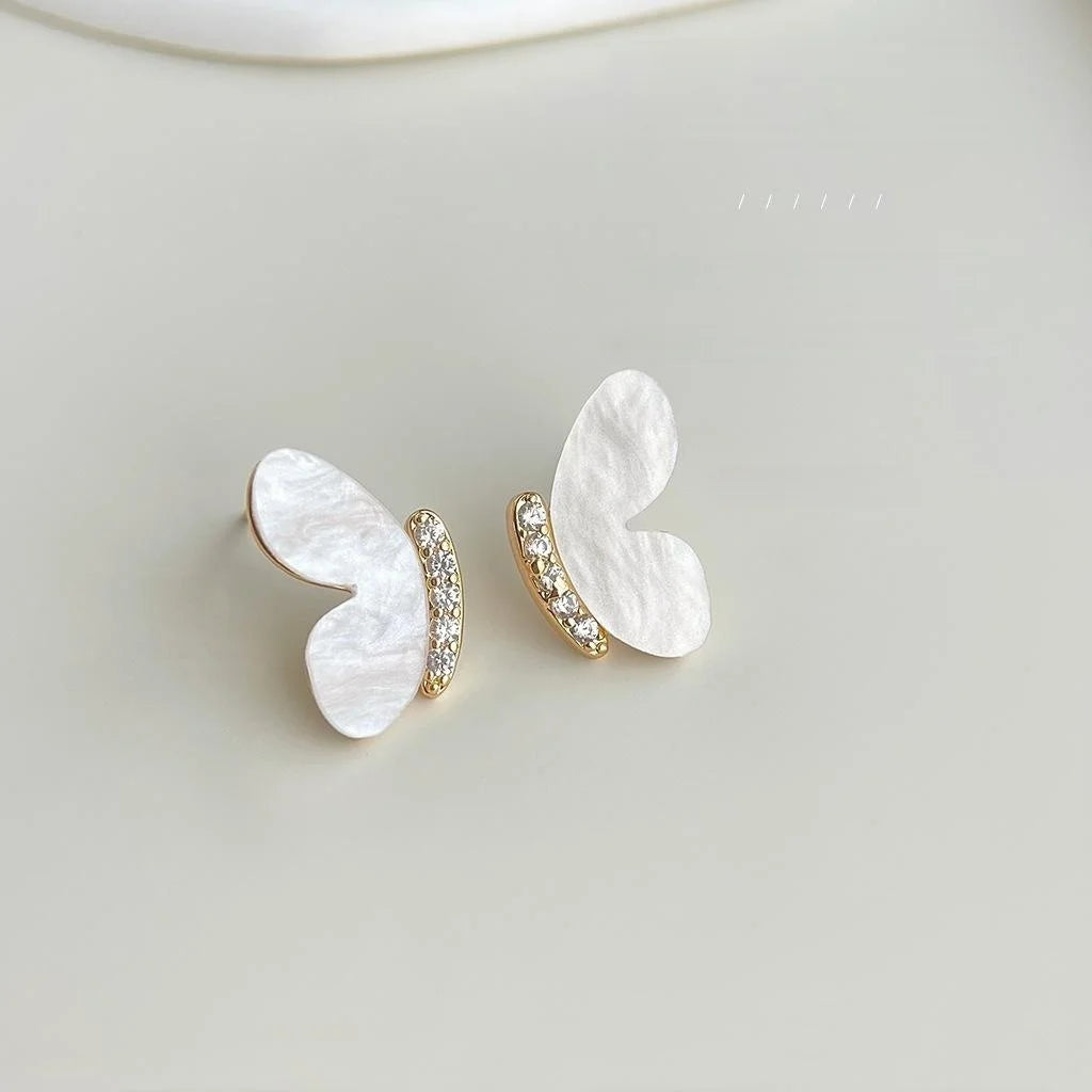 Original Design Cream White Micro Pave Zircon Butterfly Copper Stud Earrings French Elegant Jewelry