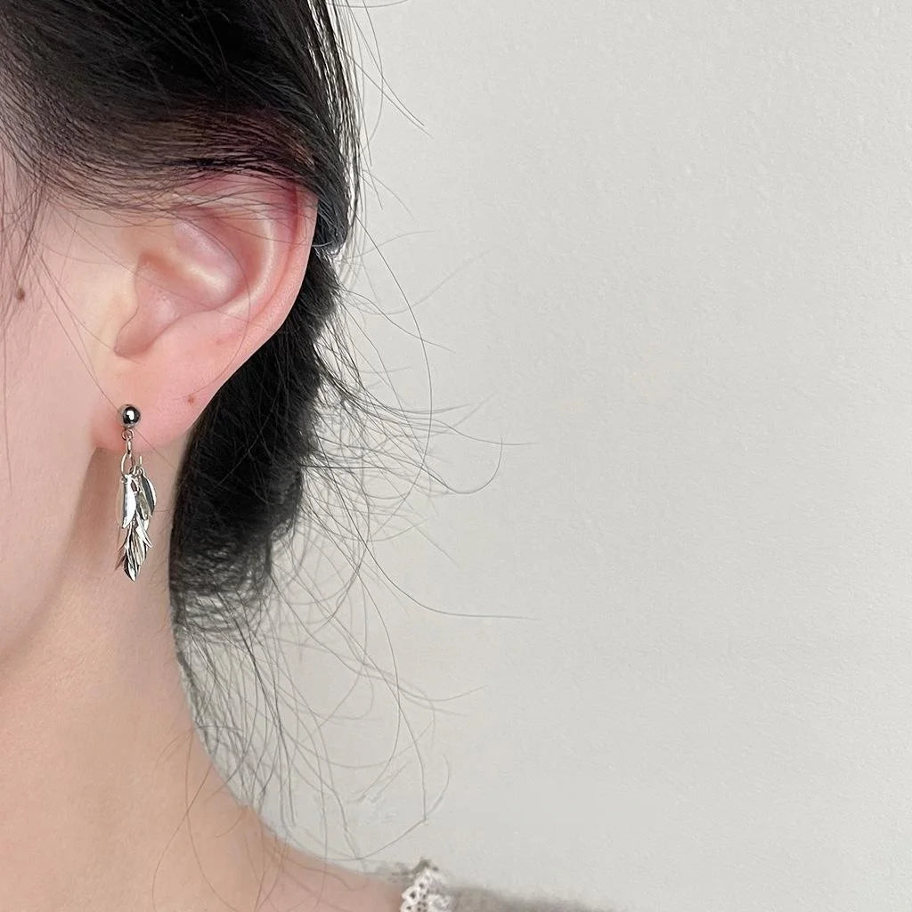 Handmade Silver Leaf Tassel Chain Drop Earrings Copper New Chinese Light Luxury Jewelry
