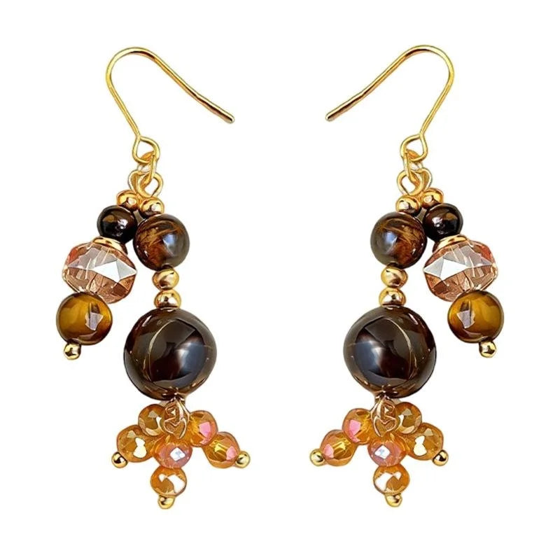 Vintage Maillard Copper Tiger Eye Stone Glass Crystal Tassel Drop Earrings