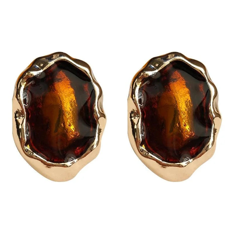 14K Gold Plated Copper Irregular Geometric Amber Enamel Stud Earrings French Vintage Maillard Style