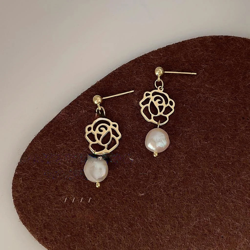 French Vintage Baroque Freshwater Pearl Hollow Rose Flower Stud Earrings Elegant Palace Style