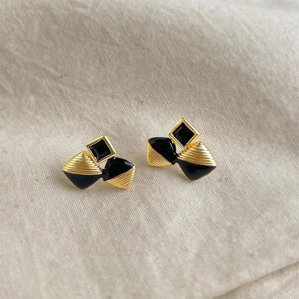Premium Copper Black Enamel Geometric Zircon Square Stud Earrings