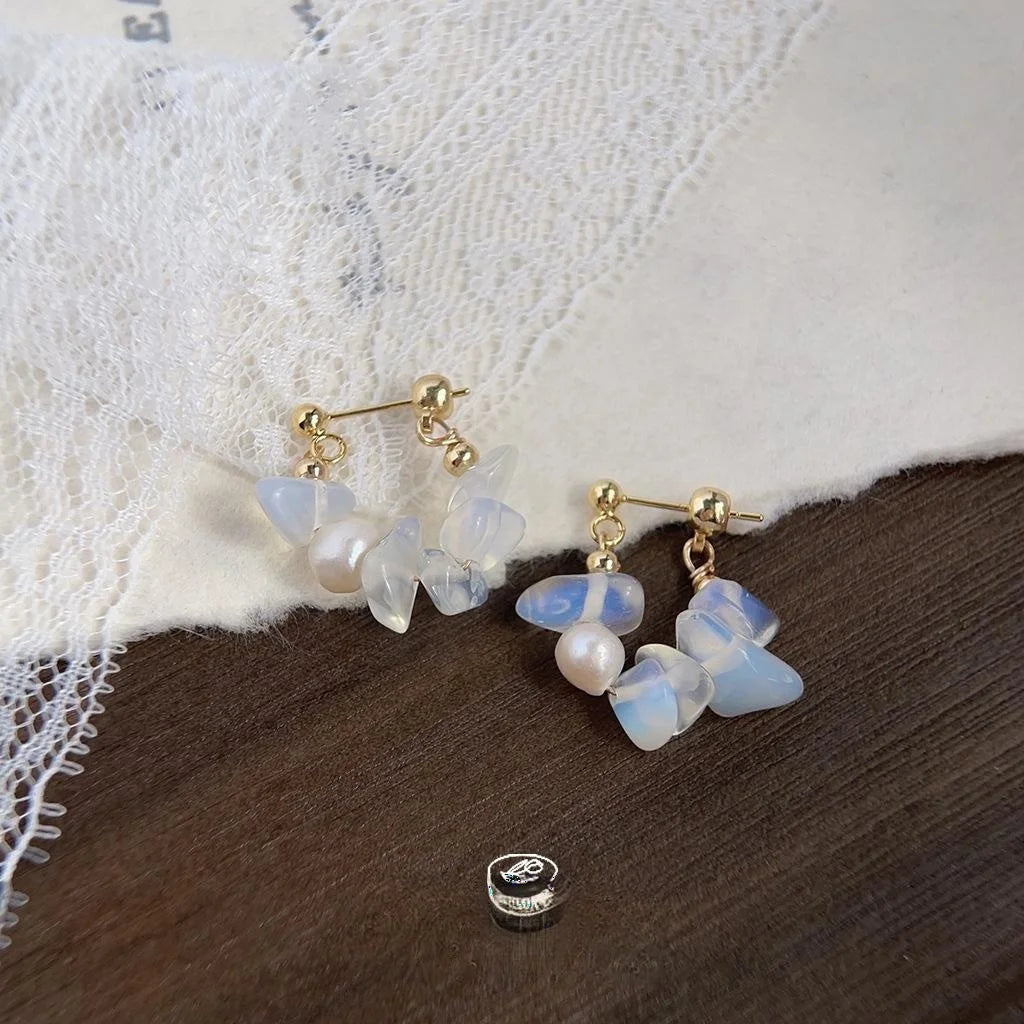 Forest Style Freshwater Pearl Natural Stone Irregular Tassel Drop Earrings