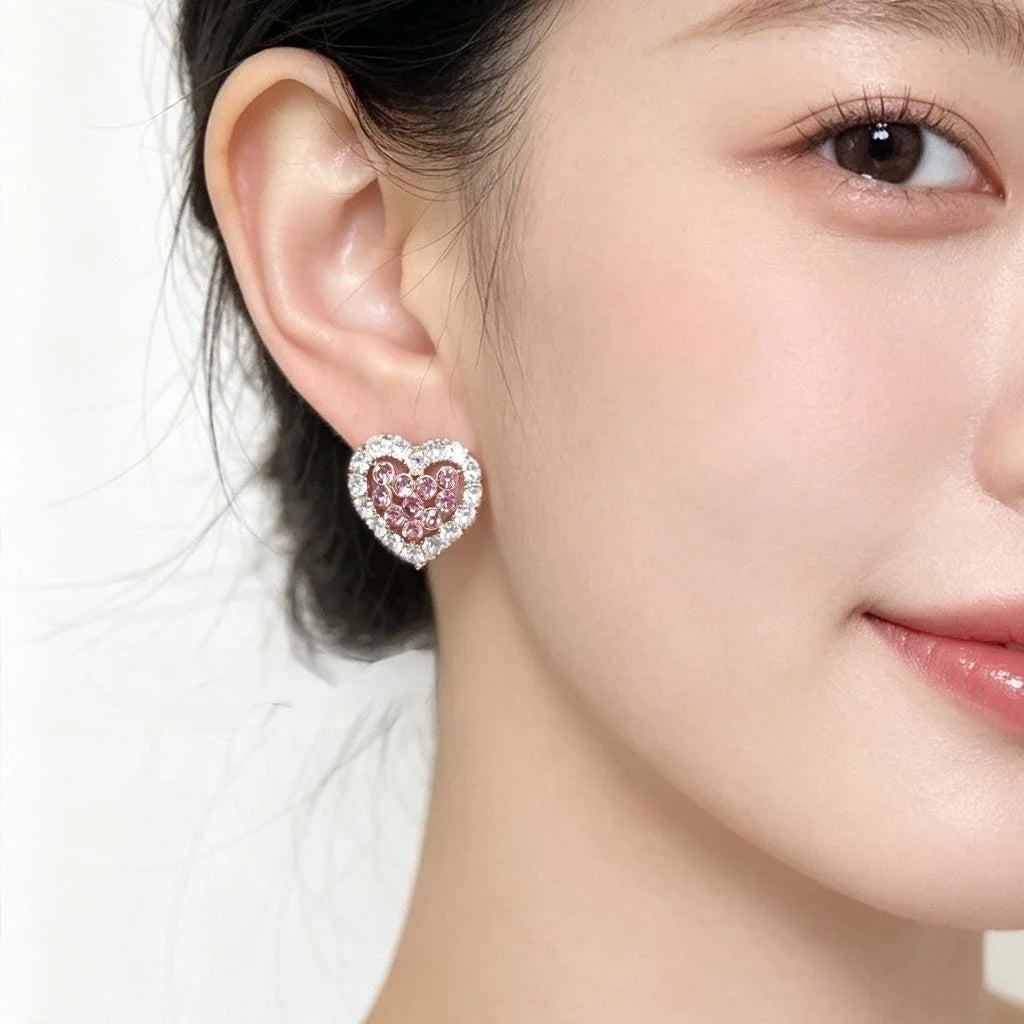 Elegant Pink Heart Zircon Copper 14K Plated Micro Pave Stud Earrings