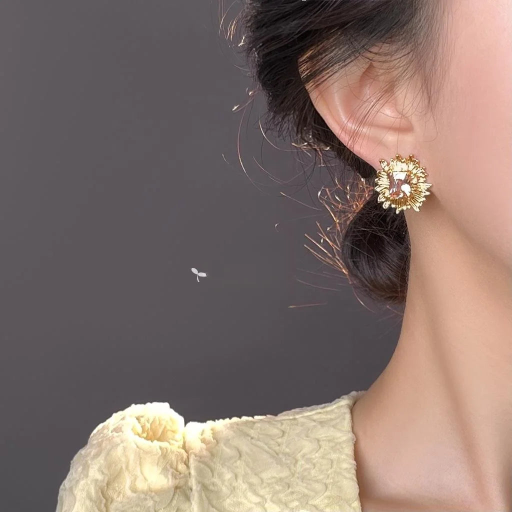 14K Plated Copper Zircon Geometric Flower Stud Earrings For Elegant Office Wear