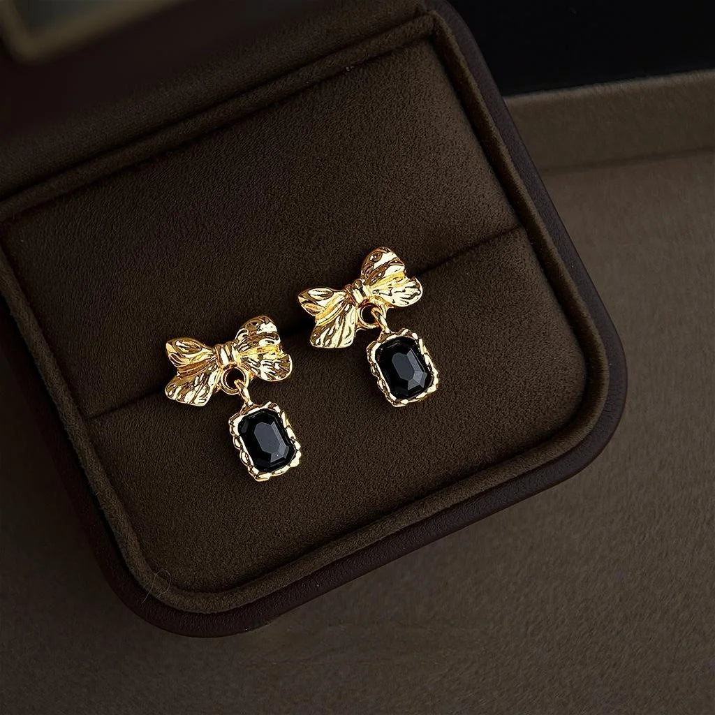 Sweet Cool 14K Plated Bow Glass Crystal Black Alloy Stud Earrings
