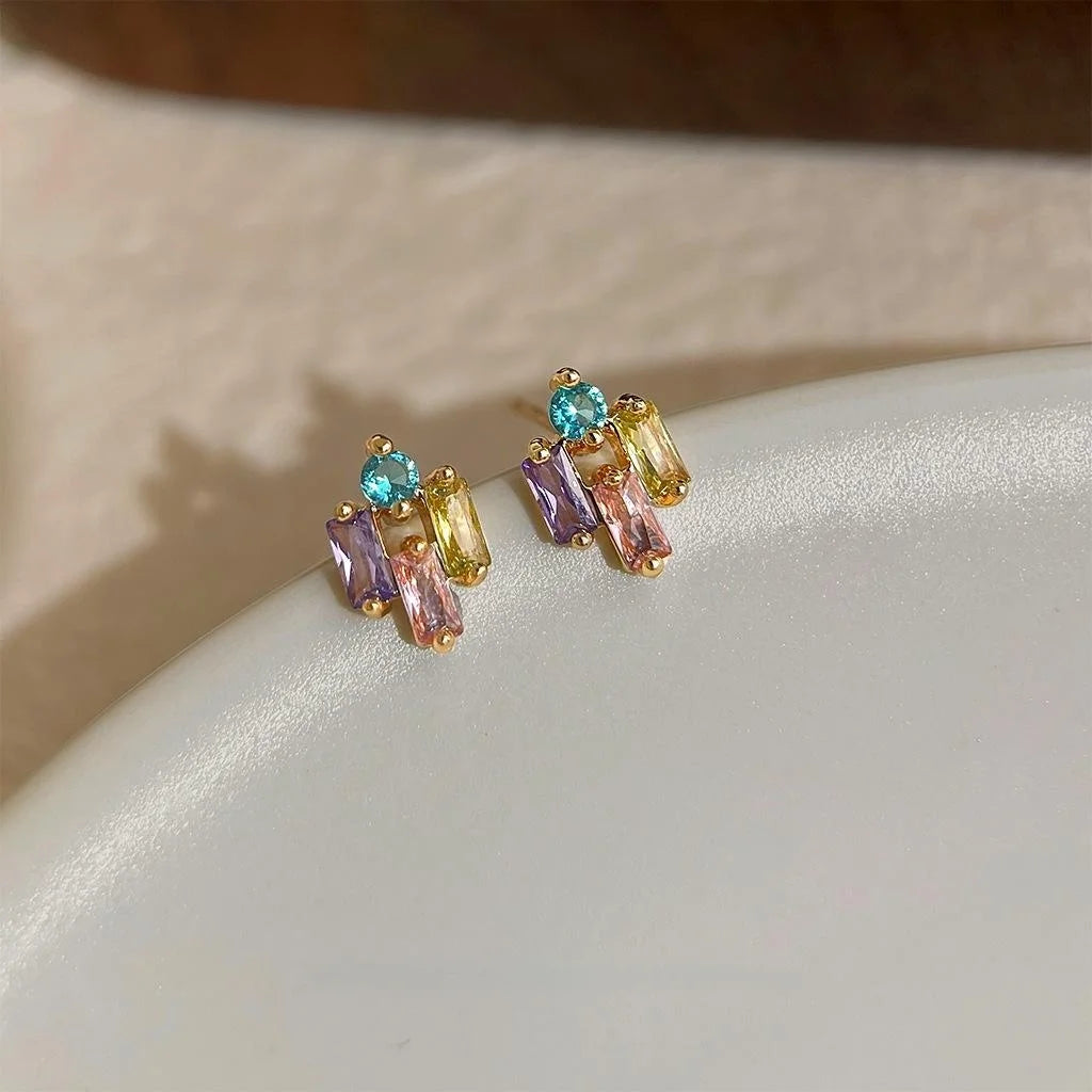 Colorful Micro Pave Zircon Geometric Stud Earrings Sweet Summer Mini Jewelry For Women